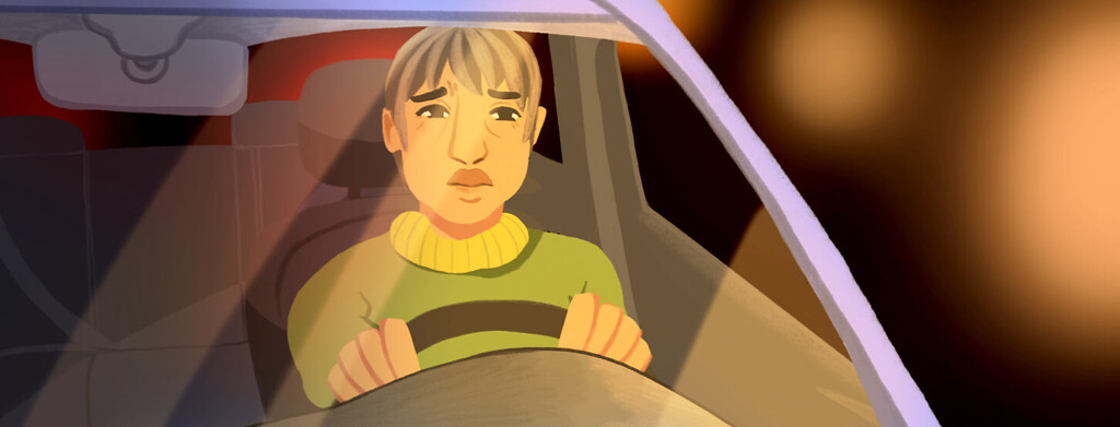 Adult female driving a car at night squinting, unclear vision