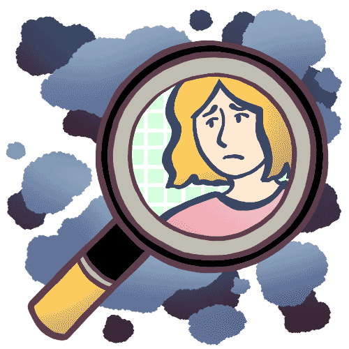 A woman in a magnifying glass surrounded by clouds.