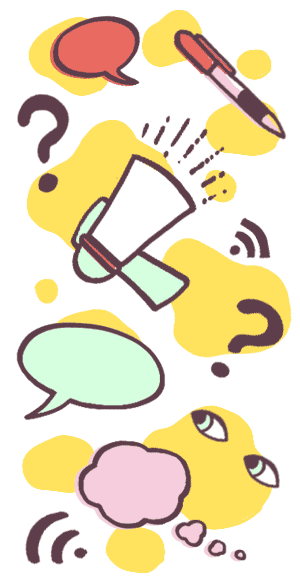 Thought bubbles, exclamation points, pen, question marks and more!