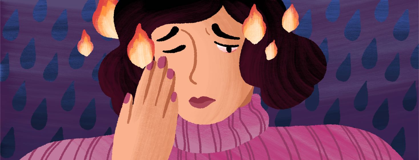 Small flames surround a woman with an upset expression.