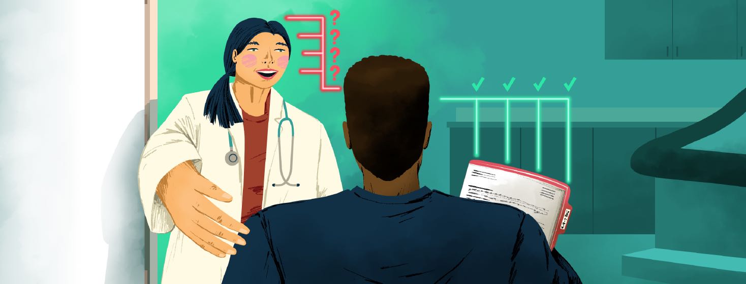 A doctor welcomes in a patient (with his arms full of paperwork) into a doctor's office.