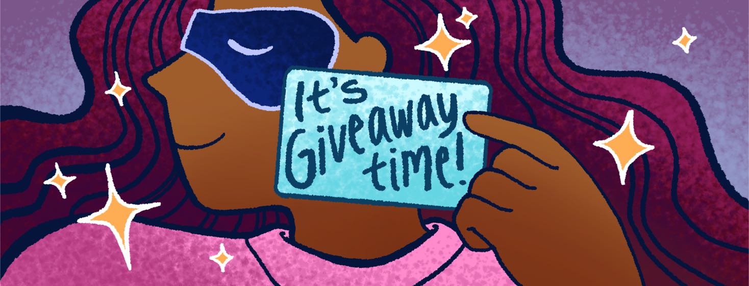 A woman wearing a sleep mask holds a gift card.