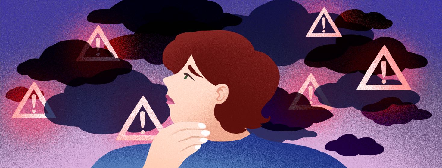 A woman looks with a worried expression at warning symbols hidden behind clouds.