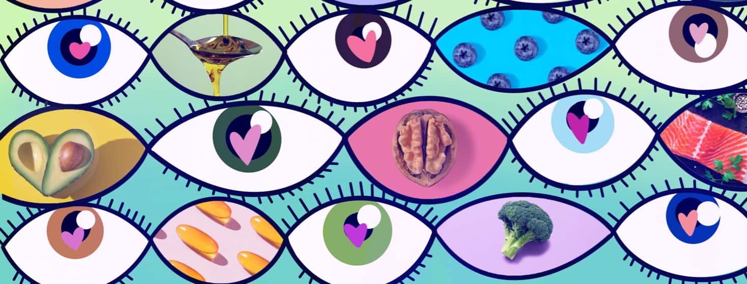 A series of eyes with hearts in the pupil surrounded by omega 3 foods.