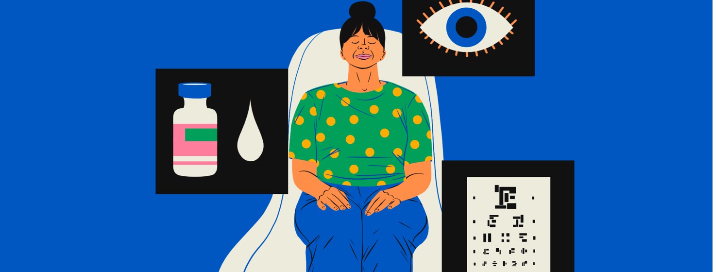 A serene Black woman sits in an optometrist's chair with her eyes closed. Floating images of an eye, eye drops, and eye chart in front of her.