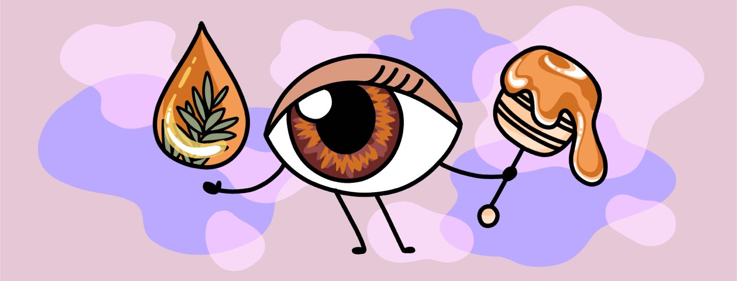 A small eyeball character holds a drop of tea tree oil in one hand and a spoonful of honey in the other.
