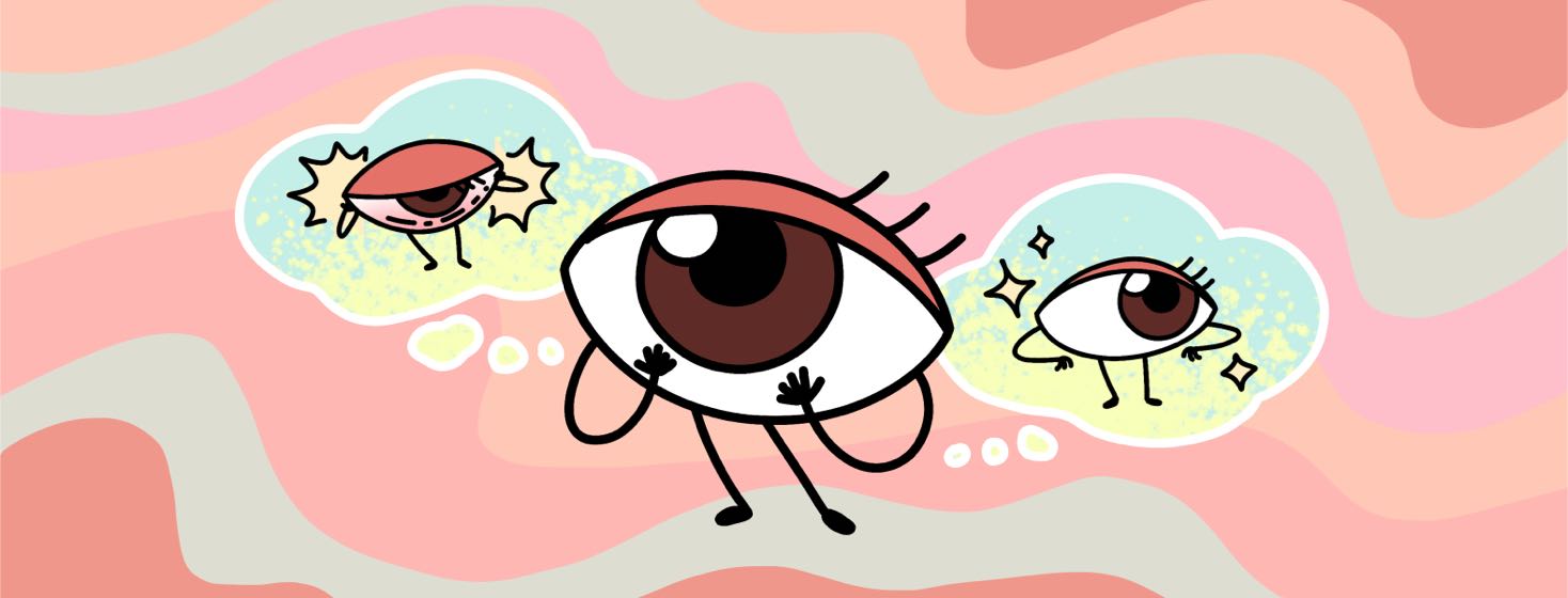 Two thought bubbles next to an eyeball show an inflamed eye before, and a healthy eye after.