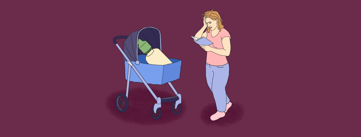 A frazzled woman frowning at a thick manual beside a baby bassinet with a bottle of eyedrops inside.