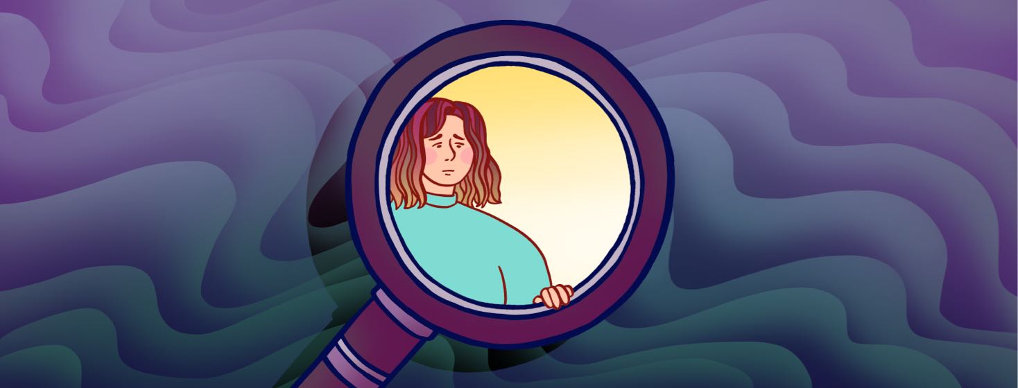 A woman looks out from inside a magnifying glass with a sad expression.