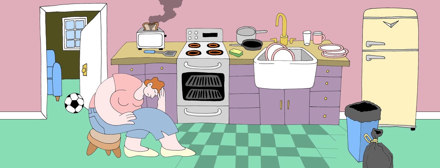 Woman looking defeated in her kitchen surrounded by Dishes piled up in the sink, toast burning, trash to take out, and various item laying all over the house.