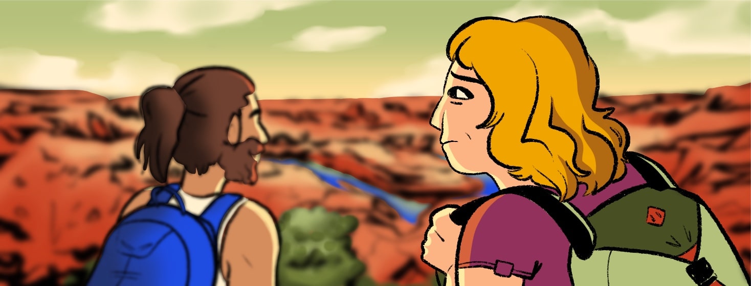 A woman is squinting at the skyline over a large canyon, her vision is extemely blurry, there is a man standing in front of her as well enjoying the view. River, view, gulch, eyesight, loss