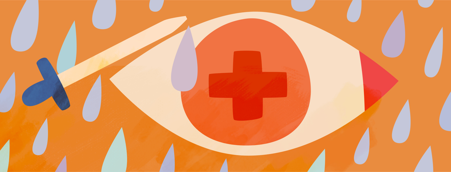 A dropper dropping liquid into an eye with a red cross in the middle of the pupil.