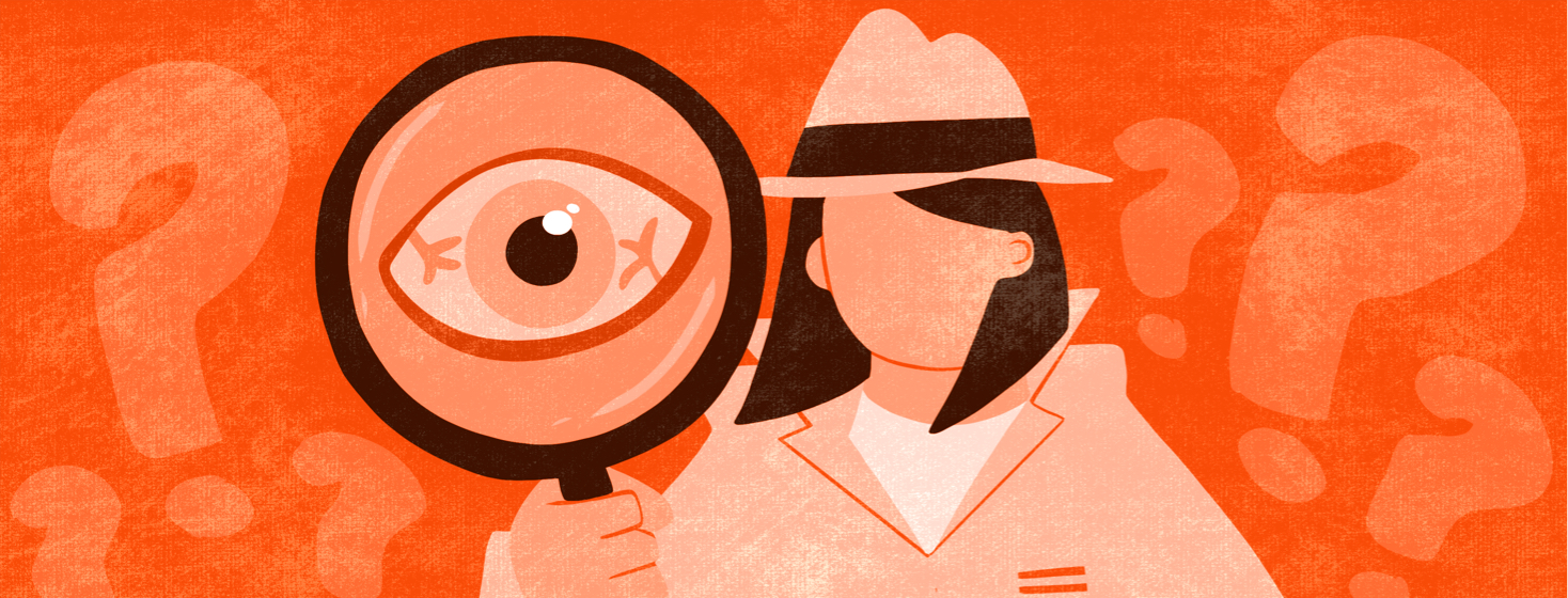 A detective holding up a magnifying glass with a dry eye reflected in the lense.