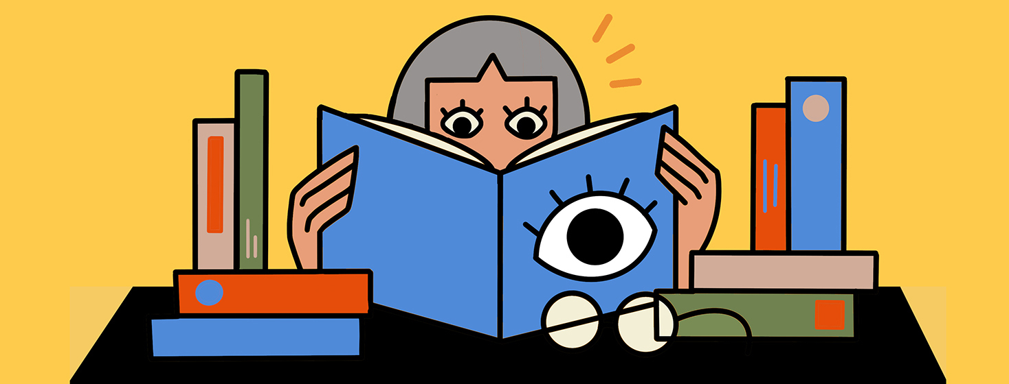 A woman reads a book with a large open eye on the cover.