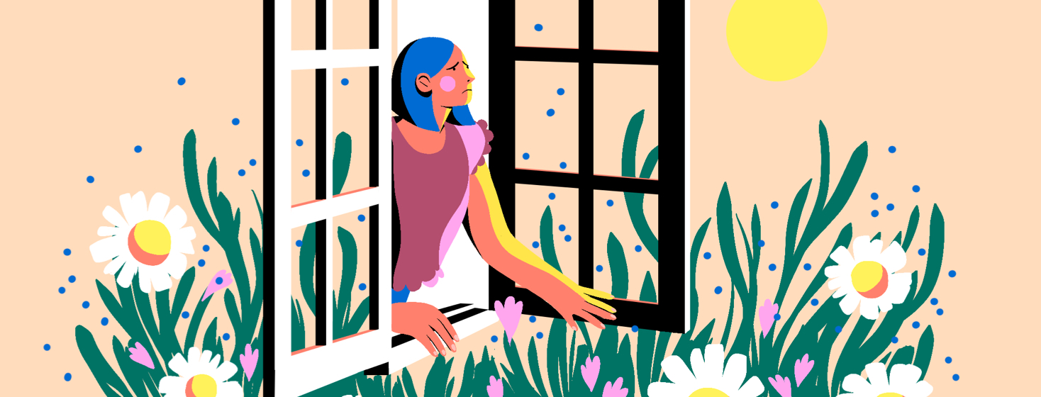 A woman opens the windows to a spring bloom, looking worried.