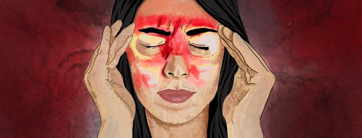 A woman presses her temples with her fingers due to a sinus migraine/headache. Latino Woman Adult Migraine Flare Pain flare up headache inflammation pain triggers